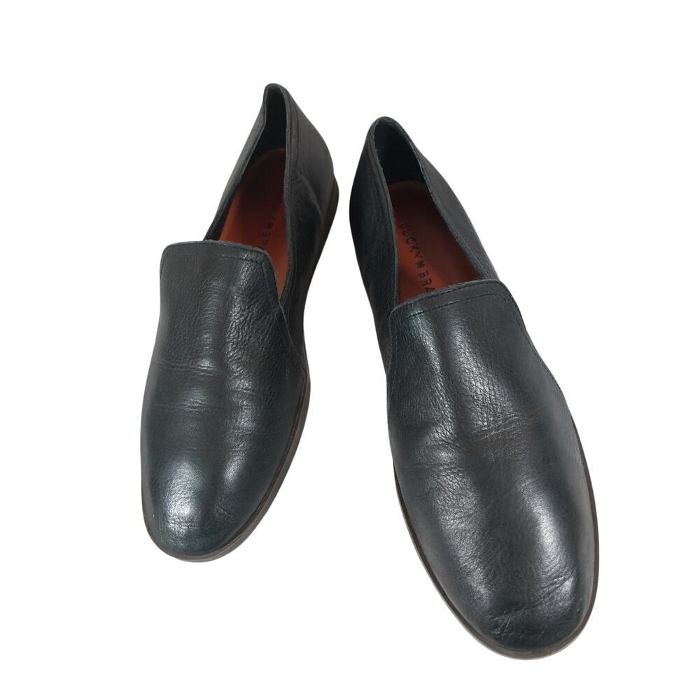 LUCKY BRAND! BLACK GENUINE LEATHER 'NO HEEL" SLEEK & CHIC LOSFER FLATS! SZ 8.5M - Picture 3 of 10